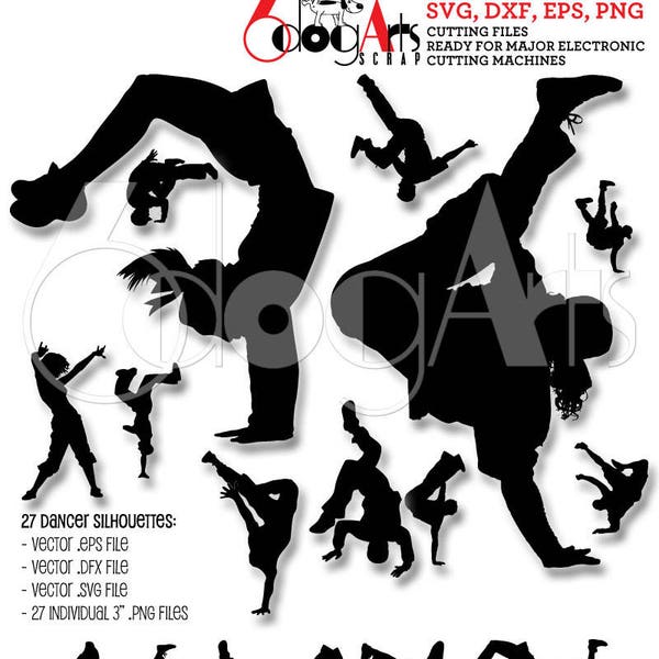 Bailarina de hip hop siluetas Vector archivos digitales Svg Dxf Eps Png silueta SCAL Cricut imprimible descargar papel vinilo corte JB-086