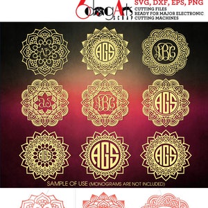 May include: A set of nine digital cut files for electronic cutting machines. The files feature intricate mandala designs with a blank circle in the center. The first three mandalas are gold with black lettering, the next three are gold with white lettering, and the last three are red with white outlines. The text on the first three mandalas reads "AGS", "ABC", and "AB". The text on the next three mandalas reads "AGS", "ABC", and "AGS". The text on the last three mandalas is blank. The text "SAMPLE OF USE (MONOGRAMS ARE NOT INCLUDED)" is at the bottom of the image.
