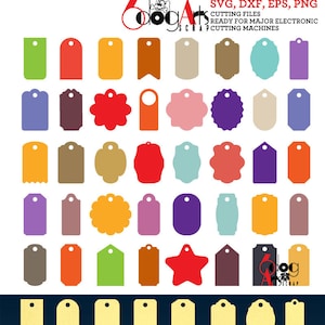 Peut inclure: Un ensemble de 40 formes d'&eacute;tiquettes diff&eacute;rentes dans diverses couleurs, notamment le rouge, l'orange, le jaune, le vert, le bleu, le violet, le marron et le rose. Les &eacute;tiquettes sont toutes vierges et pr&ecirc;tes &agrave; &ecirc;tre personnalis&eacute;es. Fichiers de d&eacute;coupe SVG, DXF, EPS, PNG pr&ecirc;ts pour les principales machines de d&eacute;coupe &eacute;lectroniques.