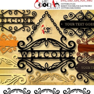 May include: A set of eight black and white SVG cut files for a welcome sign. The files feature different styles of ornate scrollwork and the word "WELCOME" in a split font. The text "YOUR TEXT GOES HERE" appears on some of the designs.