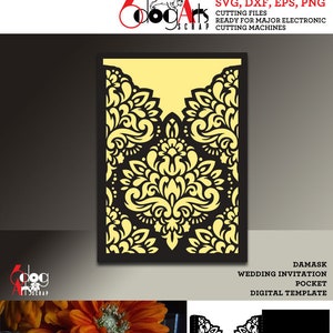 Damask Wedding Invitation Pocket Envelope Template Digital Files Svg Dxf Eps Png Pdf Silhouette Cricut Download Cutting JB-1216