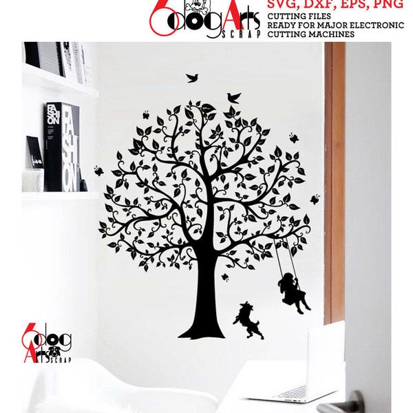 Tree Swing Clip art  Digital Vector Files SVG DXF Printable Download for Wall Decals Engraving Laser Vinyl Cutting JB-729