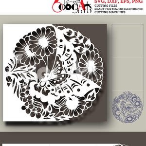 May include: White floral design cut file for electronic cutting machines. The design includes flowers, leaves, and other decorative elements. The image also includes the text "SVG, DXF, EPS, PNG CUTTING FILES READY FOR MAJOR ELECTRONIC CUTTING MACHINES."
