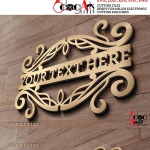 May include: Two gold-coloured metal signs with ornate scrollwork and the text "YOUR TEXT HERE" and "YOUR TEXT GOES HERE". The signs are on a brown wood background.