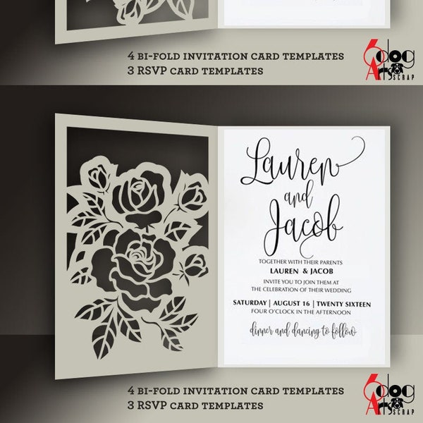 4 Bi-Fold Invitation Card and 3 RSVP Card Templates SVG dxf Vector Digital Files Wedding Invitation Laser Download Silhouette Cricut JB-1281