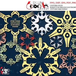 12 Star Wars Christmas Snowflakes & Monogram Frames Vector Digital Files SVG DXF Vinyl Heat Press Transfer Silhouette Cricut JB-1302