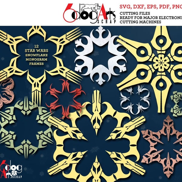 12 Star Wars Christmas Snowflakes & Monogram Frames Vector Digital Files SVG DXF Vinyl Heat Press Transfer Silhouette Cricut JB-1302