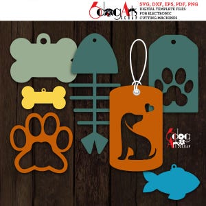 Huisdier hond vis kat bot Paw Tag sjablonen digitale bestanden SVG DXF Vector Graveerbare downloaden snijden ambachten silhouet Cricut JB-966