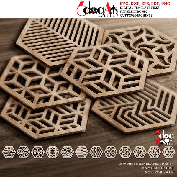 12 Hexagonal Coaster Trivet Wall Decor Templates Vector Digital SVG DXF Files Download cnc Laser Cutting Cricut JB-1344