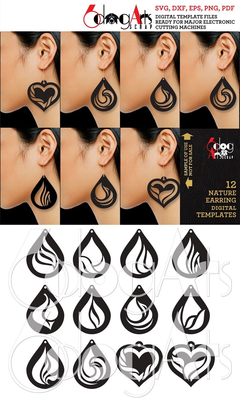 12 Nature Teardrop Heart Earring Pendant Digital Templates SVG DXF Vector Files Laser GlowForge Cricut Cutting Instant Download JB-2025 image 2