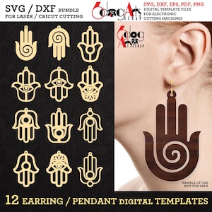 Lot de modèles numériques de boucle d'oreille main Hamsa : fichiers SVG/DXF pour laser, Glowforge, Cricut JB-1826