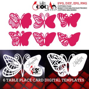 6 modelos de cartão de lugar de mesa de casamento de borboletas Arquivos vetoriais digitais SVG DXF Silhueta Cricut Download para corte de papel JB-1183