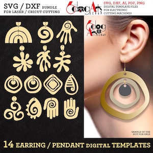 May include: A digital template bundle for earrings and pendants. The image shows 14 different earring and pendant designs in a gold color, along with a sample earring being worn. The text reads "SVG/DXF Bundle for Laser/Cricut Cutting" and "14 Earring/Pendant Digital Templates."