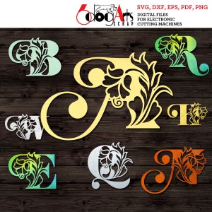 Letras del alfabeto con monogramas de flores de la A a la Z SVG DXF Imágenes digitales Vinilo Metal Papel Corte Silueta Cricut CNC Láser Descargar JB-1898