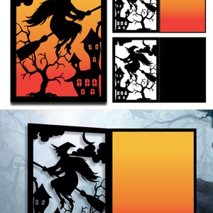 Halloween-häxa spetskortsmall digitalt skuret SVG DXF-filer laserskuret klippbart utskrivbart nedladdning silhuett Cricut festhälsning JB-872 bild 2