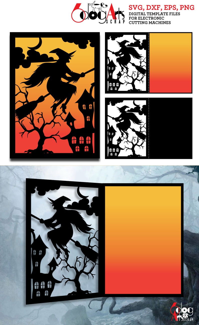 Halloween-häxa spetskortsmall digitalt skuret SVG DXF-filer laserskuret klippbart utskrivbart nedladdning silhuett Cricut festhälsning JB-872 bild 2