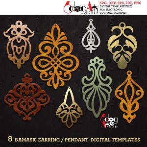May include: Eight digital templates for damask earring or pendant designs. The designs are intricate and feature a variety of shapes and patterns. The templates are available in SVG, DXF, EPS, PDF, and PNG formats.