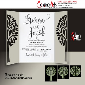 Plantillas de tarjetas de invitación de boda con tres pliegues en forma de árbol, corte digital, SVG, DXF, descarga instantánea, láser, silueta, Cricut, troquelado, JB-1614