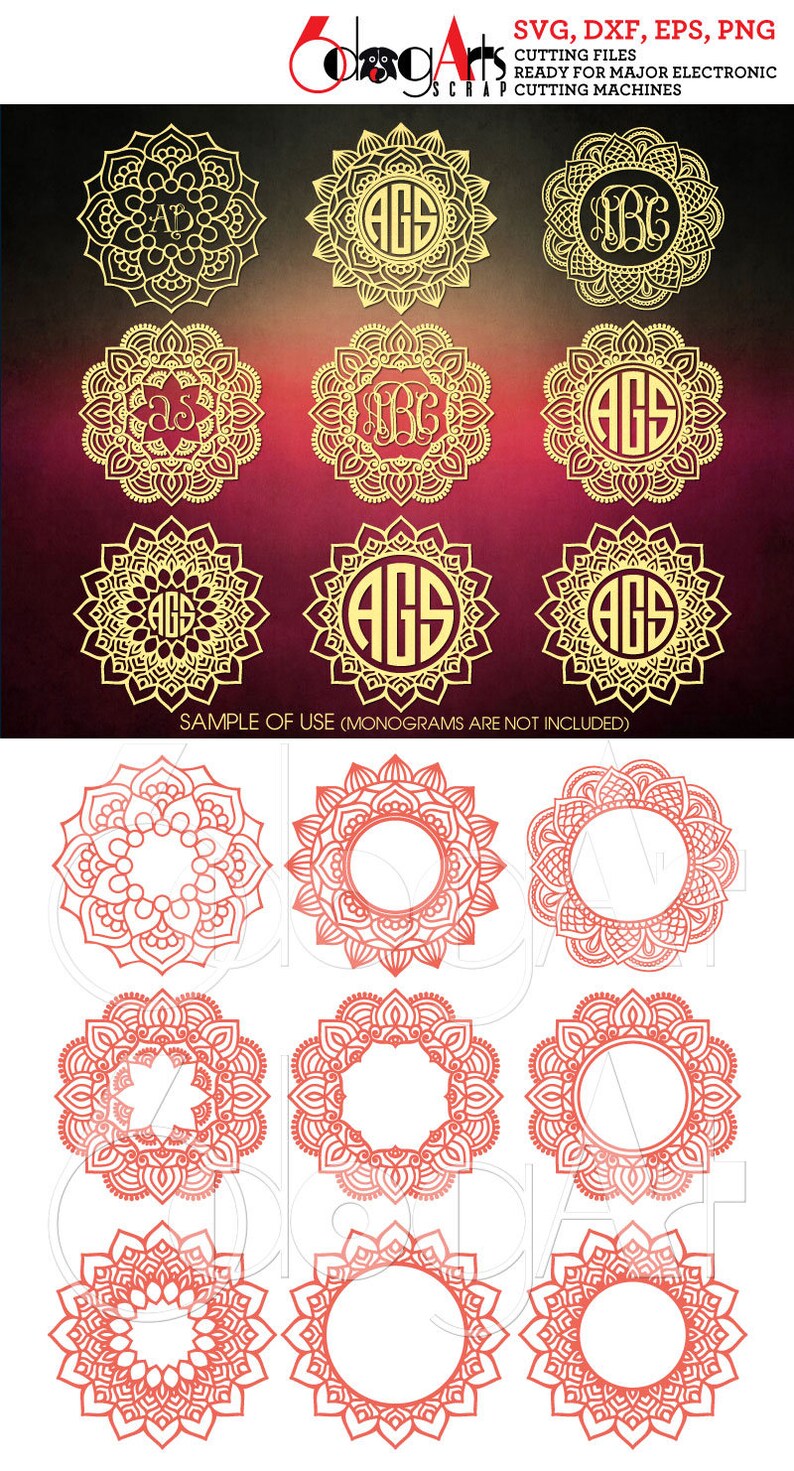May include: A set of nine digital cut files for electronic cutting machines. The files feature intricate mandala designs with a blank circle in the center. The first three mandalas are gold with black lettering, the next three are gold with white lettering, and the last three are red with white outlines. The text on the first three mandalas reads "AGS", "ABC", and "AB". The text on the next three mandalas reads "AGS", "ABC", and "AGS". The text on the last three mandalas is blank. The text "SAMPLE OF USE (MONOGRAMS ARE NOT INCLUDED)" is at the bottom of the image.