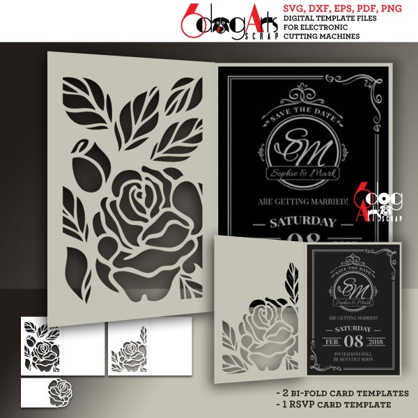 2 Rose Bi-fold Card, RSVP Thank You, Invitation Templates Vector Digital SVG dxf Files Laser Cricut Cutting Instant Download JB-1964