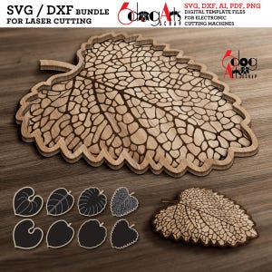 May include: A wooden leaf-shaped tray with intricate vein detailing, alongside several leaf-shaped cutouts. The design is for laser cutting, with the text "SVG / DXF BUNDLE FOR LASER CUTTING" and "SVG, DXF, AI, PDF, PNG DIGITAL TEMPLATE FILES FOR ELECTRONIC CUTTING MACHINES".