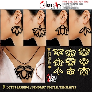 9 Metall Holz Acryl Lotus Blume Ohrring Anhänger Vorlagen Download Vektor Digitale SVG DXF-Dateien Laser Laser Cricut Schneiden JB-1741