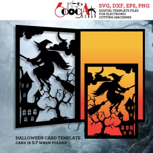 Modèle de carte Halloween sorcière dentelle numérique découpé fichiers SVG DXF découpés au laser découpe imprimable téléchargement Silhouette Cricut fête voeux JB-872