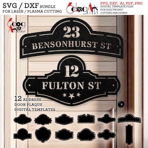 May include: Black metal address door plaque templates. The image shows two address plaques with the numbers 23 and 12, and the street names Bensonhurst St and Fulton St. The image also shows 12 additional door plaque templates.