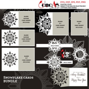 Peut inclure: Un ensemble num&eacute;rique de cartes flocons de neige pour machines de d&eacute;coupe &eacute;lectroniques. L'image pr&eacute;sente des mod&egrave;les de cartes avec des d&eacute;coupes de flocons de neige, des encarts vierges et des bandes de ventre. Texte: "Snowflake Cards Bundle."