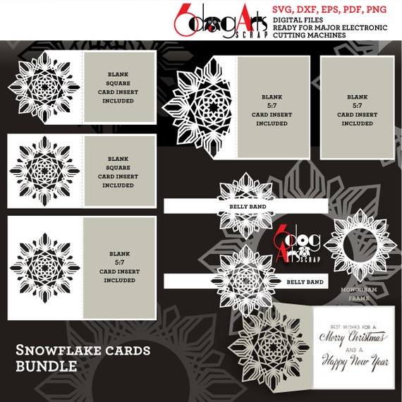 7 Snowflake Christmas Card Templates Digital Cut SVG DXF Wedding Invitation Stationery Laser Cuttable Download Silhouette Cricut JB-930