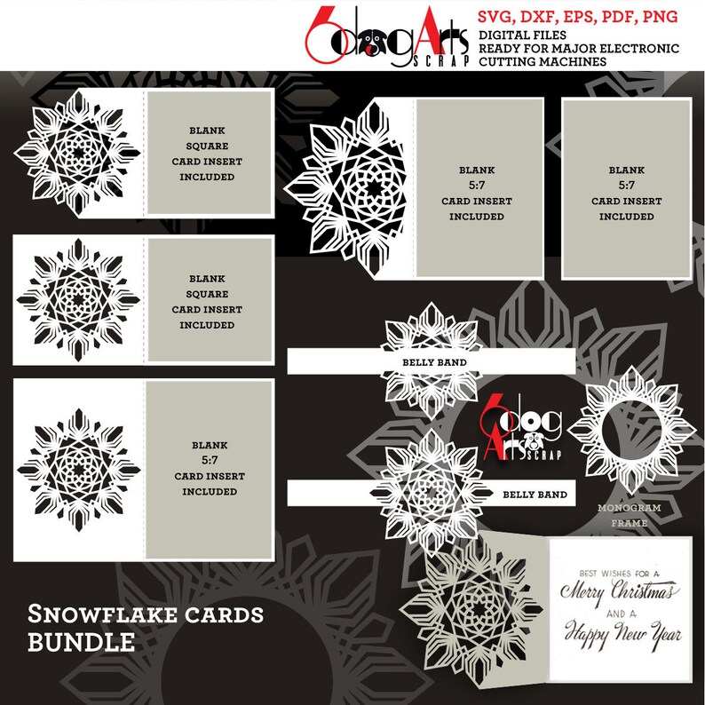 Peut inclure: Un ensemble num&eacute;rique de cartes flocons de neige pour machines de d&eacute;coupe &eacute;lectroniques. L'image pr&eacute;sente des mod&egrave;les de cartes avec des d&eacute;coupes de flocons de neige, des encarts vierges et des bandes de ventre. Texte: "Snowflake Cards Bundle."