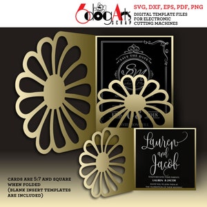 Daisy Bi-fold, modelos de cartão de bolso de manga Vetor Digital SVG DXF Arquivos Convite de casamento Corte a laser Download JB-1746