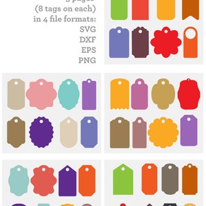 Peut inclure: Quarante &eacute;tiquettes cadeaux dans cinq styles diff&eacute;rents, chacune avec un trou pour une ficelle ou un ruban. Les &eacute;tiquettes sont de diff&eacute;rentes couleurs, notamment rouge, orange, jaune, vert, bleu, violet, marron et rose. Les &eacute;tiquettes sont disponibles en quatre formats de fichiers&nbsp;: SVG, DXF, EPS et PNG. DogArts Scrap Cutting Files Ready for Major Electronic Cutting Machines.