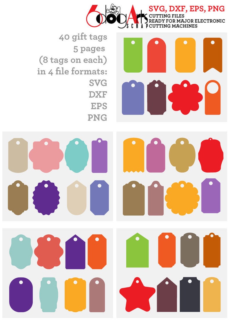 Peut inclure: Quarante &eacute;tiquettes cadeaux dans cinq styles diff&eacute;rents, chacune avec un trou pour une ficelle ou un ruban. Les &eacute;tiquettes sont de diff&eacute;rentes couleurs, notamment rouge, orange, jaune, vert, bleu, violet, marron et rose. Les &eacute;tiquettes sont disponibles en quatre formats de fichiers&nbsp;: SVG, DXF, EPS et PNG. DogArts Scrap Cutting Files Ready for Major Electronic Cutting Machines.