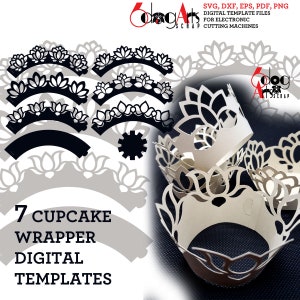 7 Lotus Blume Cupcake Wrapper Vorlagen SVG DXF Vektor Digitale Dateien Laser Silhouette Cricut Papier Handwerk Schneiden Partyzubehör JB-1945