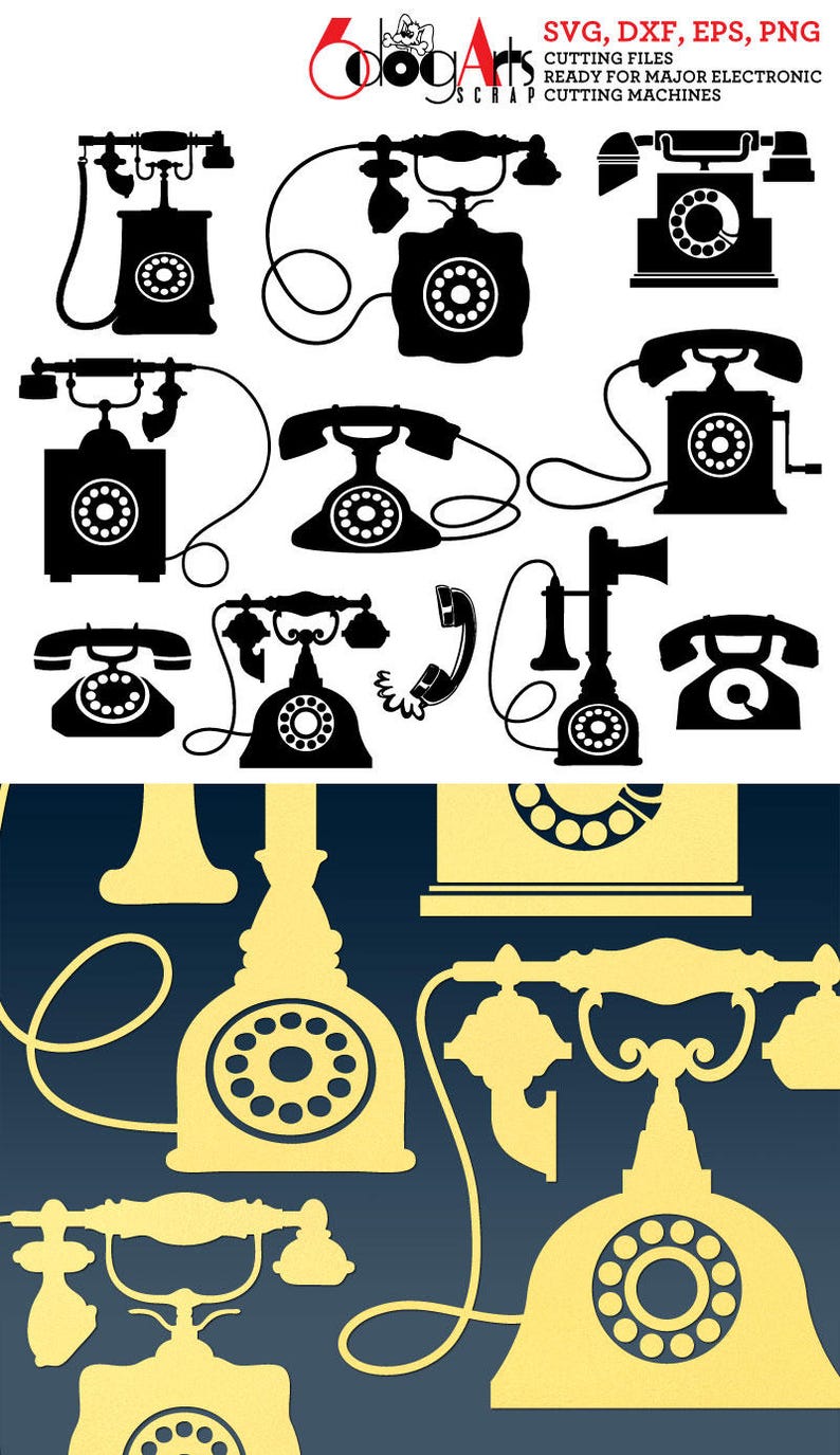 Op de afbeelding: Een verzameling zwarte en gele silhouetten van diverse vintage draaischijftelefoons met hoorns, snoeren en ronde kiesschijven. Het bovenste gedeelte bevat de tekst SVG, DXF, EPS, PNG CUTTING FILES READY FOR MAJOR ELECTRONIC CUTTING MACHINES.