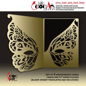 Modèles de cartes de visite mascarade Mardi Gras manches doubles poche vecteur fichiers numériques SVG DXF faire-part de mariage découpe laser téléchargement JB-1713