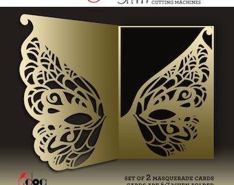 Masquerade Mardi Gras Bi-fold Sleeve Pocket Card Templates Vector Digital SVG DXF Files Wedding Invitation Laser Cutting Download JB-1713