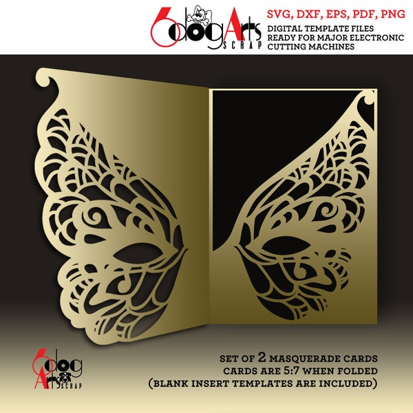 Masquerade Mardi Gras Bi-fold Sleeve Pocket Card Templates Vector Digital SVG DXF Files Wedding Invitation Laser Cutting Download JB-1713