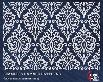 May include: A seamless damask pattern in white on a dark blue background. The pattern is a traditional design with intricate details. The text "SEAMLESS DAMASK PATTERNS (CAN BE REPEATED INFINITELY)" is at the bottom of the image.