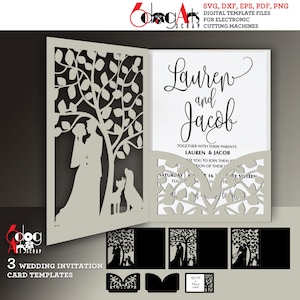 3 faire-part de mariage arbre, 2 chiens, modèles de cartes de défilement Fichiers DXF SVG numérique Téléchargement instantané Silhouette laser découpe Cricut JB-1559e