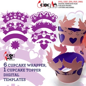 6 Hochzeit Cupcake Wrapper und 1 Topper Vorlagen SVG DXF Vektor Digitale Dateien Laser Party Zubehör Silhouette Cricut Papierschnitt JB-1934