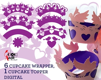 May include: Six purple cupcake wrappers with a bird and heart design and one pink cupcake topper with a dove design. The text "6 cupcake wrapper, 1 cupcake topper, digital templates" is at the bottom of the image.