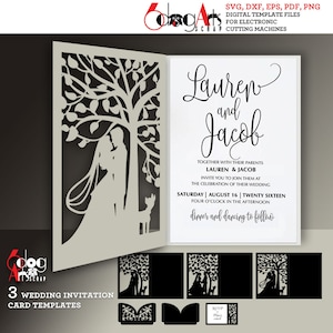 3 Hochzeitseinladung Baum, Hund Schriftrolle Kartenvorlagen Digitale SVG DXF-Dateien Sofortiger Download Laser Silhouette Cricut Schneiden JB-1559b