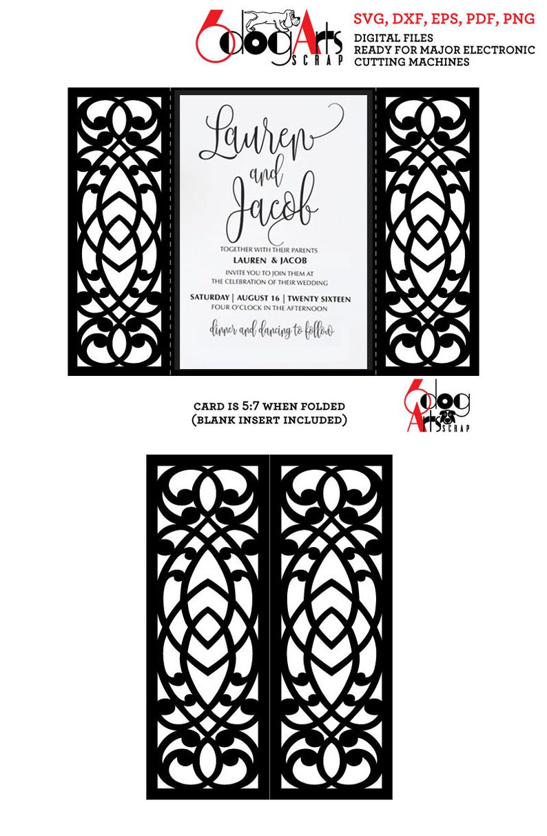 May include: A black and white wedding invitation template with a decorative, intricate, laser cut design. The invitation reads "Lauren and Jacob" and includes the date and time of the wedding. The card is 5:7 when folded and includes a blank insert.