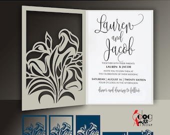 Puede incluir: Una invitación de boda con un diseño de corte láser que presenta un patrón floral. La invitación dice "Lauren y Jacob" con la fecha y la hora de la boda. La invitación es una descarga digital y se puede utilizar para máquinas de corte electrónicas.