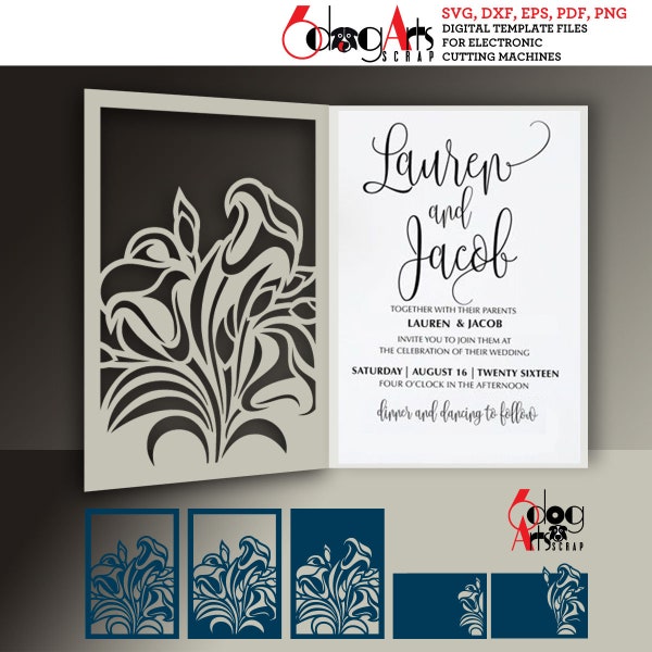 3 Calla Lily Wedding Invitation Bi-Fold Card & 2 RSVP Card Templates Digital SVG dxf Download Laser Silhouette Cricut Cutting JB-1327