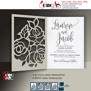 4 cartes roses pliées en deux et 2 modèles de cartes RSVP Fichiers vectoriels numériques dxf SVG Faire-part de mariage Silhouette laser découpe Cricut JB-1329