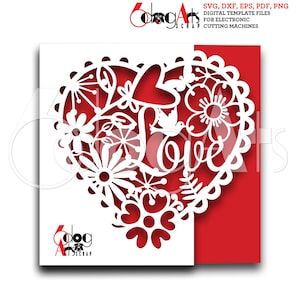 Cartão de felicitações floral de coração de amor de dia dos namorados Modelo digital Arquivo SVG GlowForge Silhueta Cricut para impressão Download Corte a laser JB-119n