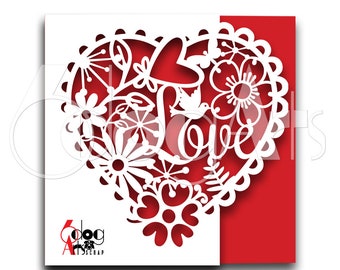 Valentine's Love Heart Floral Greeting Card Digital Template SVG File GlowForge Silhouette Cricut Printable Download Laser Cutting JB-119n